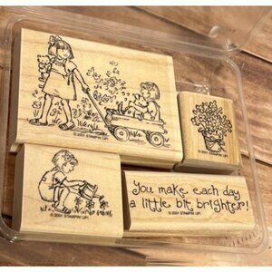 2001 STAMPIN' UP! FRIENDSHIPS GROW Wood Mounted Rubber Stamp set of 4 WAGON